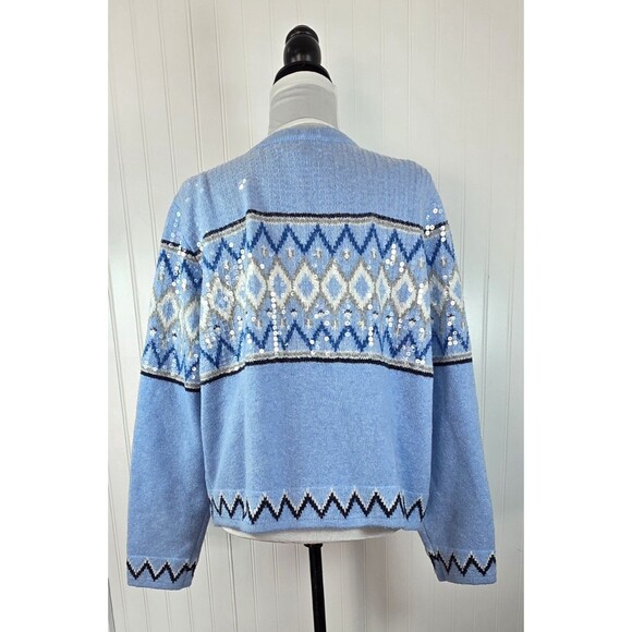 Loft Women's Sequin Fair Isle Cardigan Sweater Blue Shimmery Winter Holidays XXL - Picture 4 of 15
